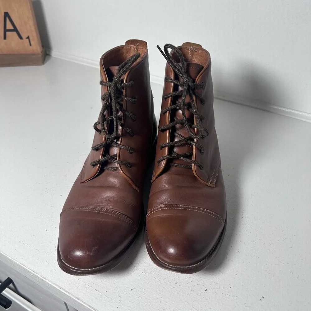 Penny Luck Mens 9 Brown Leather Cap Toe Boots Lace Up Ankle Dress Casual Classic
